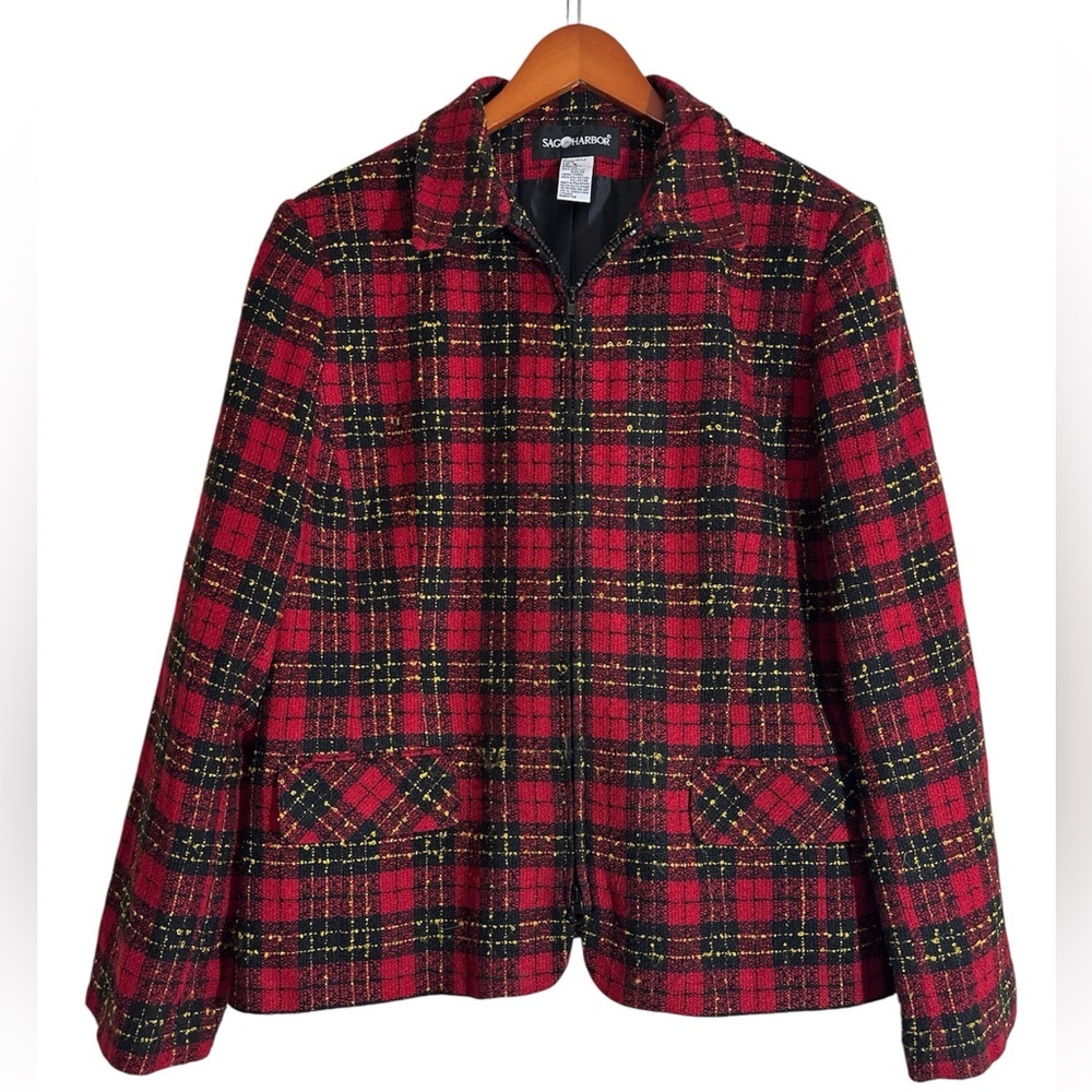 Sag Harbor Womens Holiday Jacket Red Full Zip Pockets Plaid Size 12